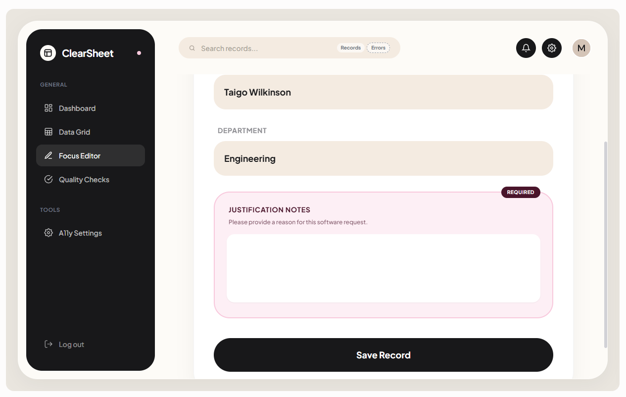 ClearSheet Accessibility Workspace &mdash; Focus Mode editing