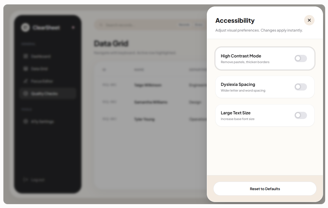 ClearSheet Accessibility Workspace &mdash; Accessibility preferences