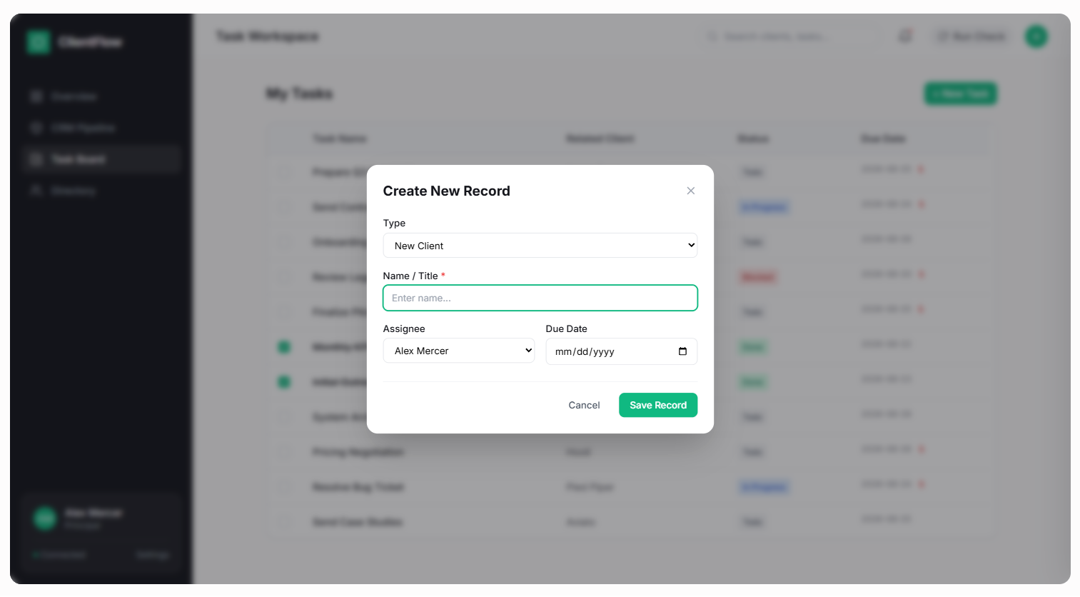 ClientFlow CRM & Task OS &mdash; Create record dialog